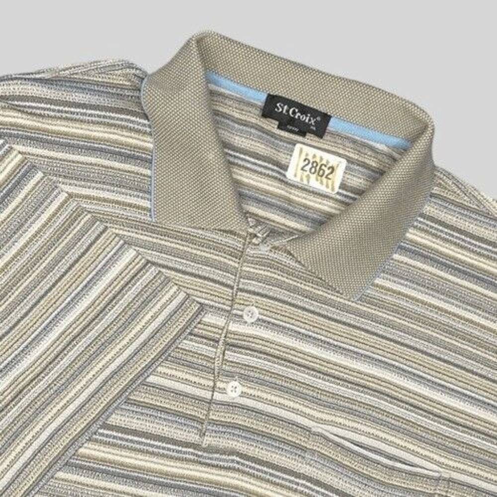 VTG St. Croix Beige Striped Short Sleeve Golf Polo Shirt Men XL Turkey Cotton
